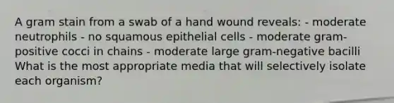 A gram stain from a swab of a hand wound reveals: - moderate neutrophils - no squamous epithelial cells - moderate gram-positive cocci in chains - moderate large gram-negative bacilli What is the most appropriate media that will selectively isolate each organism?