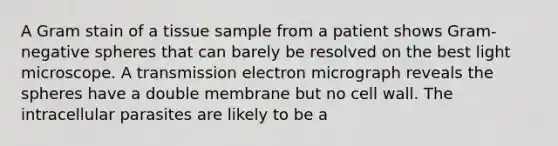 A Gram stain of a tissue sample from a patient shows Gram-negative spheres that can barely be resolved on the best light microscope. A transmission electron micrograph reveals the spheres have a double membrane but no cell wall. The intracellular parasites are likely to be a