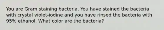 You are Gram staining bacteria. You have stained the bacteria with crystal violet-iodine and you have rinsed the bacteria with 95% ethanol. What color are the bacteria?