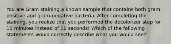 You are Gram staining a known sample that contains both gram-positive and gram-negative bacteria. After completing the staining, you realize that you performed the decolorizer step for 10 minutes instead of 10 seconds! Which of the following statements would correctly describe what you would see?