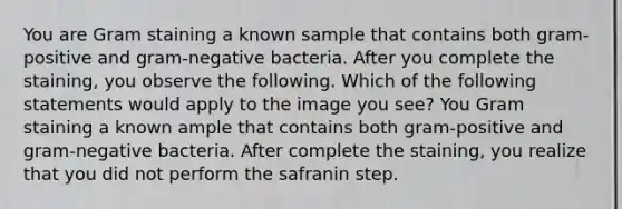 You are Gram staining a known sample that contains both gram-positive and gram-negative bacteria. After you complete the staining, you observe the following. Which of the following statements would apply to the image you see? You Gram staining a known ample that contains both gram-positive and gram-negative bacteria. After complete the staining, you realize that you did not perform the safranin step.