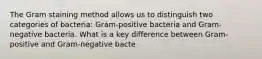 The Gram staining method allows us to distinguish two categories of bacteria: Gram-positive bacteria and Gram-negative bacteria. What is a key difference between Gram-positive and Gram-negative bacte