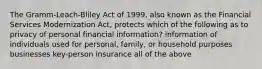 The Gramm-Leach-Bliley Act of 1999, also known as the Financial Services Modernization Act, protects which of the following as to privacy of personal financial information? information of individuals used for personal, family, or household purposes businesses key-person insurance all of the above