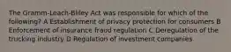 The Gramm-Leach-Bliley Act was responsible for which of the following? A Establishment of privacy protection for consumers B Enforcement of insurance fraud regulation C Deregulation of the trucking industry D Regulation of investment companies