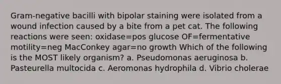 Gram-negative bacilli with bipolar staining were isolated from a wound infection caused by a bite from a pet cat. The following reactions were seen: oxidase=pos glucose OF=fermentative motility=neg MacConkey agar=no growth Which of the following is the MOST likely organism? a. Pseudomonas aeruginosa b. Pasteurella multocida c. Aeromonas hydrophila d. Vibrio cholerae