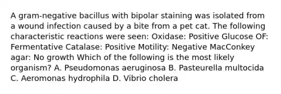 A gram-negative bacillus with bipolar staining was isolated from a wound infection caused by a bite from a pet cat. The following characteristic reactions were seen: Oxidase: Positive Glucose OF: Fermentative Catalase: Positive Motility: Negative MacConkey agar: No growth Which of the following is the most likely organism? A. Pseudomonas aeruginosa B. Pasteurella multocida C. Aeromonas hydrophila D. Vibrio cholera