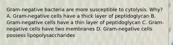 Gram-negative bacteria are more susceptible to cytolysis. Why? A. Gram-negative cells have a thick layer of peptidoglycan B. Gram-negative cells have a thin layer of peptidoglycan C. Gram-negative cells have two membranes D. Gram-negative cells possess lipopolysaccharides