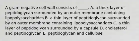 A gram-negative cell wall consists of _____. A. a thick layer of peptidoglycan surrounded by an outer membrane containing lipopolysaccharides B. a thin layer of peptidoglycan surrounded by an outer membrane containing lipopolysaccharides C. a thin layer of peptidoglycan surrounded by a capsule D. cholesterol and peptidoglycan E. peptidoglycan and cellulose