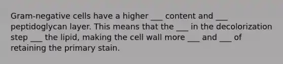 Gram-negative cells have a higher ___ content and ___ peptidoglycan layer. This means that the ___ in the decolorization step ___ the lipid, making the cell wall more ___ and ___ of retaining the primary stain.