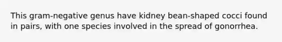 This gram-negative genus have kidney bean-shaped cocci found in pairs, with one species involved in the spread of gonorrhea.