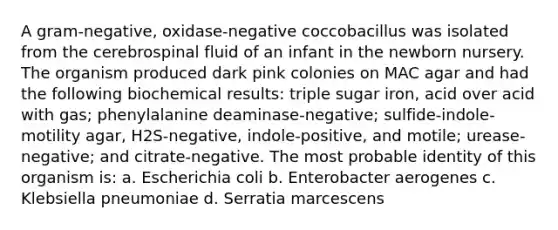 A gram-negative, oxidase-negative coccobacillus was isolated from the cerebrospinal fluid of an infant in the newborn nursery. The organism produced dark pink colonies on MAC agar and had the following biochemical results: triple sugar iron, acid over acid with gas; phenylalanine deaminase-negative; sulfide-indole-motility agar, H2S-negative, indole-positive, and motile; urease-negative; and citrate-negative. The most probable identity of this organism is: a. Escherichia coli b. Enterobacter aerogenes c. Klebsiella pneumoniae d. Serratia marcescens