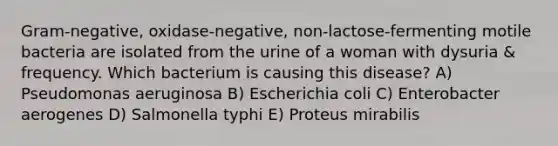 Gram-negative, oxidase-negative, non-lactose-fermenting motile bacteria are isolated from the urine of a woman with dysuria & frequency. Which bacterium is causing this disease? A) Pseudomonas aeruginosa B) Escherichia coli C) Enterobacter aerogenes D) Salmonella typhi E) Proteus mirabilis