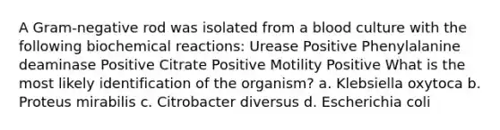 A Gram-negative rod was isolated from a blood culture with the following biochemical reactions: Urease Positive Phenylalanine deaminase Positive Citrate Positive Motility Positive What is the most likely identification of the organism? a. Klebsiella oxytoca b. Proteus mirabilis c. Citrobacter diversus d. Escherichia coli