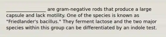 _________________ are gram-negative rods that produce a large capsule and lack motility. One of the species is known as "Friedlander's bacillus." They ferment lactose and the two major species within this group can be differentiated by an indole test.