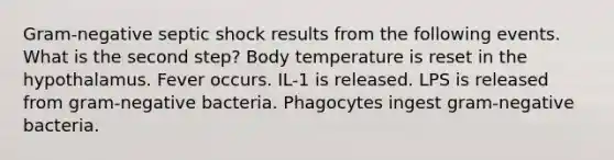 Gram-negative septic shock results from the following events. What is the second step? Body temperature is reset in the hypothalamus. Fever occurs. IL-1 is released. LPS is released from gram-negative bacteria. Phagocytes ingest gram-negative bacteria.