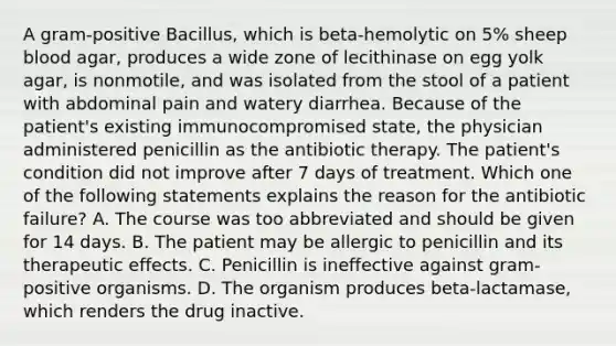 A gram-positive Bacillus, which is beta-hemolytic on 5% sheep blood agar, produces a wide zone of lecithinase on egg yolk agar, is nonmotile, and was isolated from the stool of a patient with abdominal pain and watery diarrhea. Because of the patient's existing immunocompromised state, the physician administered penicillin as the antibiotic therapy. The patient's condition did not improve after 7 days of treatment. Which one of the following statements explains the reason for the antibiotic failure? A. The course was too abbreviated and should be given for 14 days. B. The patient may be allergic to penicillin and its therapeutic effects. C. Penicillin is ineffective against gram-positive organisms. D. The organism produces beta-lactamase, which renders the drug inactive.