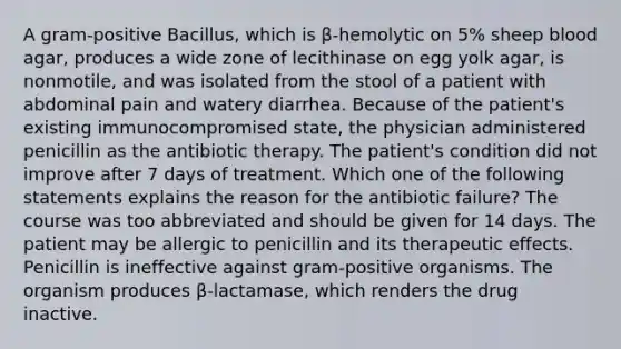 A gram-positive Bacillus, which is β-hemolytic on 5% sheep blood agar, produces a wide zone of lecithinase on egg yolk agar, is nonmotile, and was isolated from the stool of a patient with abdominal pain and watery diarrhea. Because of the patient's existing immunocompromised state, the physician administered penicillin as the antibiotic therapy. The patient's condition did not improve after 7 days of treatment. Which one of the following statements explains the reason for the antibiotic failure? The course was too abbreviated and should be given for 14 days. The patient may be allergic to penicillin and its therapeutic effects. Penicillin is ineffective against gram-positive organisms. The organism produces β-lactamase, which renders the drug inactive.