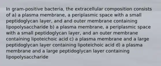 In gram-positive bacteria, the extracellular composition consists of a) a plasma membrane, a periplasmic space with a small peptidoglycan layer, and and outer membrane containing lipopolysaccharide b) a plasma membrane, a periplasmic space with a small peptidoglycan layer, and an outer membrane containing lipoteichoic acid c) a plasma membrane and a large peptidoglycan layer containing lipoteichoic acid d) a plasma membrane and a large peptidoglycan layer containing lipopolysaccharide