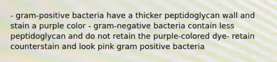 - gram-positive bacteria have a thicker peptidoglycan wall and stain a purple color - gram-negative bacteria contain less peptidoglycan and do not retain the purple-colored dye- retain counterstain and look pink gram positive bacteria