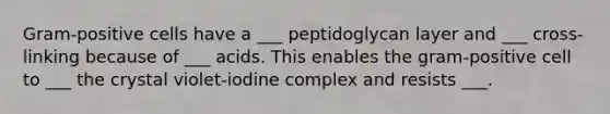 Gram-positive cells have a ___ peptidoglycan layer and ___ cross-linking because of ___ acids. This enables the gram-positive cell to ___ the crystal violet-iodine complex and resists ___.