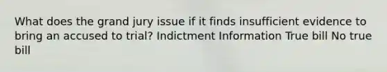 What does the grand jury issue if it finds insufficient evidence to bring an accused to trial? Indictment Information True bill No true bill