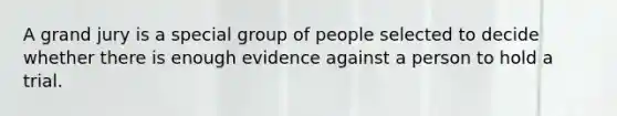 A grand jury is a special group of people selected to decide whether there is enough evidence against a person to hold a trial.