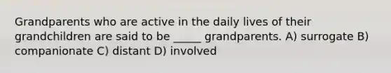 Grandparents who are active in the daily lives of their grandchildren are said to be _____ grandparents. A) surrogate B) companionate C) distant D) involved