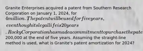 Granite Enterprises acquired a patent from Southern Research Corporation on January 1, 2024, for 4 million. The patent will be used for five years, even though its legal life is 20 years. Rocky Corporation has made a commitment to purchase the patent from Granite for200,000 at the end of five years. Assuming the straight-line method is used, what is Granite's patent amortization for 2024?