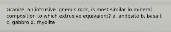 Granite, an intrusive igneous rock, is most similar in mineral composition to which extrusive equivalent? a. andesite b. basalt c. gabbro d. rhyolite