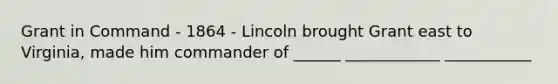 Grant in Command - 1864 - Lincoln brought Grant east to Virginia, made him commander of ______ ____________ ___________