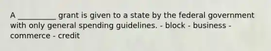 A __________ grant is given to a state by the federal government with only general spending guidelines. - block - business - commerce - credit