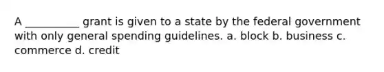 A __________ grant is given to a state by the federal government with only general spending guidelines. a. block b. business c. commerce d. credit