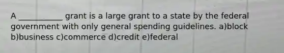 A ___________ grant is a large grant to a state by the federal government with only general spending guidelines. a)block b)business c)commerce d)credit e)federal