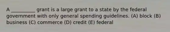 A __________ grant is a large grant to a state by the federal government with only general spending guidelines. (A) block (B) business (C) commerce (D) credit (E) federal