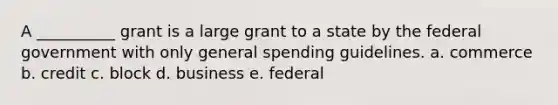 A __________ grant is a large grant to a state by the federal government with only general spending guidelines. a. commerce b. credit c. block d. business e. federal