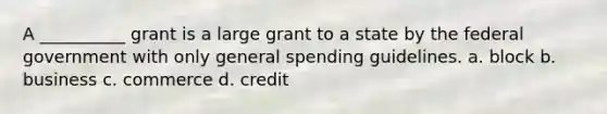 A __________ grant is a large grant to a state by the federal government with only general spending guidelines. a. block b. business c. commerce d. credit