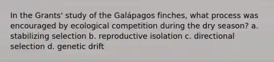 In the Grants' study of the Galápagos finches, what process was encouraged by ecological competition during the dry season? a. stabilizing selection b. reproductive isolation c. directional selection d. genetic drift