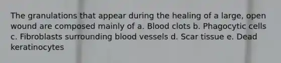 The granulations that appear during the healing of a large, open wound are composed mainly of a. Blood clots b. Phagocytic cells c. Fibroblasts surrounding blood vessels d. Scar tissue e. Dead keratinocytes