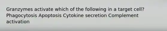 Granzymes activate which of the following in a target cell? Phagocytosis Apoptosis Cytokine secretion Complement activation