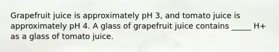 Grapefruit juice is approximately pH 3, and tomato juice is approximately pH 4. A glass of grapefruit juice contains _____ H+ as a glass of tomato juice.