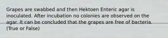 Grapes are swabbed and then Hektoen Enteric agar is inoculated. After incubation no colonies are observed on the agar. It can be concluded that the grapes are free of bacteria. (True or False)