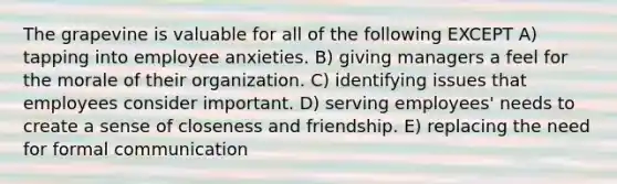 The grapevine is valuable for all of the following EXCEPT A) tapping into employee anxieties. B) giving managers a feel for the morale of their organization. C) identifying issues that employees consider important. D) serving employees' needs to create a sense of closeness and friendship. E) replacing the need for formal communication