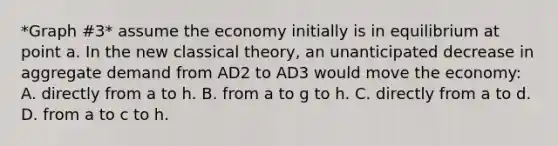 *Graph #3* assume the economy initially is in equilibrium at point a. In the new classical theory, an unanticipated decrease in aggregate demand from AD2 to AD3 would move the economy: A. directly from a to h. B. from a to g to h. C. directly from a to d. D. from a to c to h.