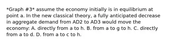 *Graph #3* assume the economy initially is in equilibrium at point a. In the new classical theory, a fully anticipated decrease in aggregate demand from AD2 to AD3 would move the economy: A. directly from a to h. B. from a to g to h. C. directly from a to d. D. from a to c to h.