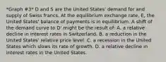 *Graph #3* D and S are the United States' demand for and supply of Swiss francs. At the equilibrium exchange rate, E, the United States' balance of payments is in equilibrium. A shift of the demand curve to D' might be the result of: A. a relative decline in interest rates in Switzerland. B. a reduction in the United States' relative price level. C. a recession in the United States which slows its rate of growth. D. a relative decline in interest rates in the United States.