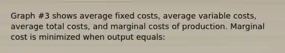 Graph #3 shows average fixed costs, average variable costs, average total costs, and marginal costs of production. Marginal cost is minimized when output equals: