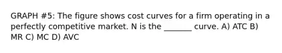 GRAPH #5: The figure shows cost curves for a firm operating in a perfectly competitive market. N is the _______ curve. A) ATC B) MR C) MC D) AVC