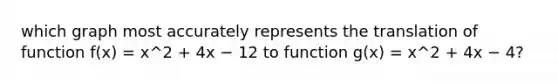 which graph most accurately represents the translation of function f(x) = x^2 + 4x − 12 to function g(x) = x^2 + 4x − 4?