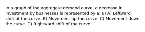 In a graph of the aggregate demand curve, a decrease in investment by businesses is represented by a: 6) A) Leftward shift of the curve. B) Movement up the curve. C) Movement down the curve. D) Rightward shift of the curve.