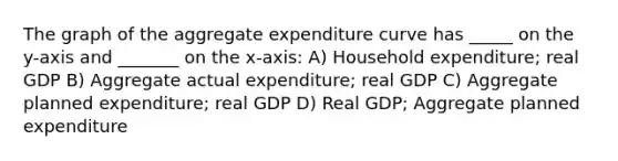 The graph of the aggregate expenditure curve has _____ on the y-axis and _______ on the x-axis: A) Household expenditure; real GDP B) Aggregate actual expenditure; real GDP C) Aggregate planned expenditure; real GDP D) Real GDP; Aggregate planned expenditure